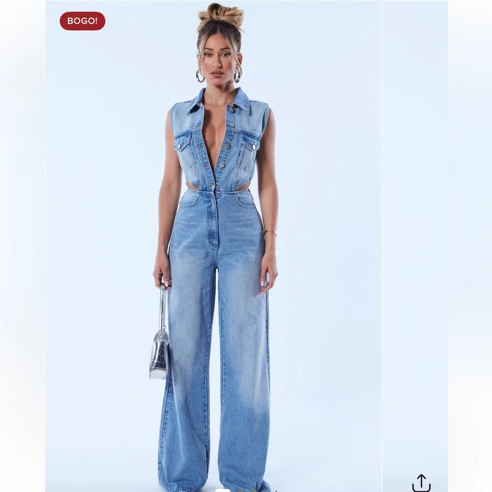 Fashion Nova Baylin Cutout Denim Jumpsuit – Size L – NWT - Picture 1 of 13